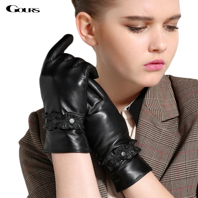 GOURS Winter Real Leather Gloves Women Black Genuine Goatskin Gloves Fashion Soft Fleece Lining Warm Driving New Arrival GSL034