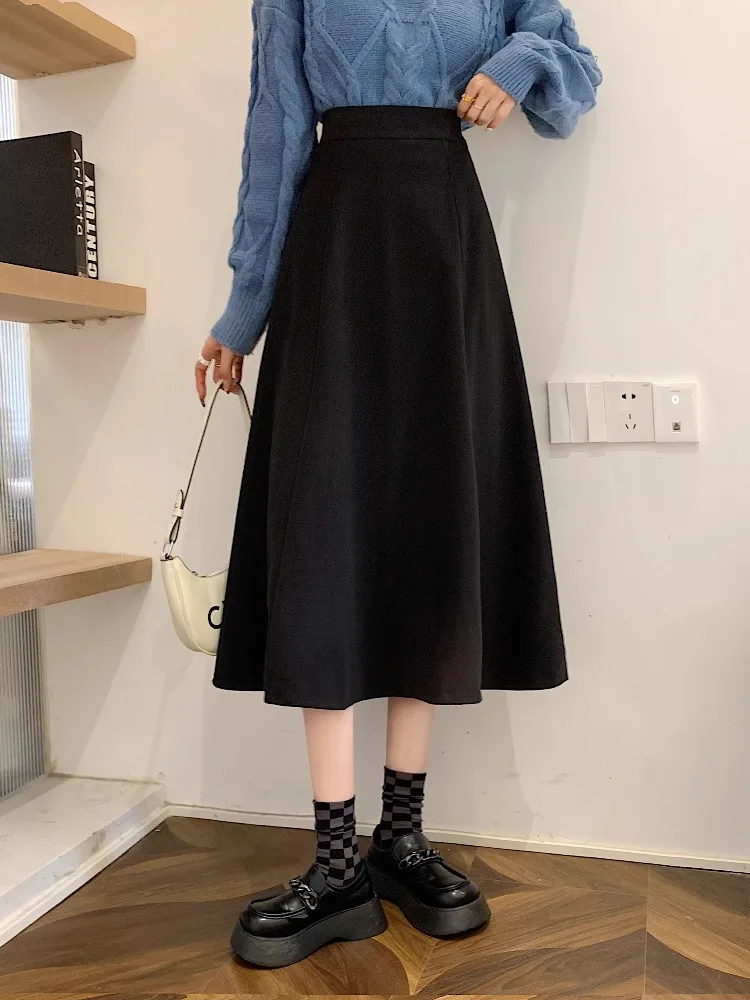 

Шерстяная длинная юбка А-силуэта с высокой талией для женщин, весна-осень-зима, новая коллекция, в японском стиле, с молнией, длинная юбка