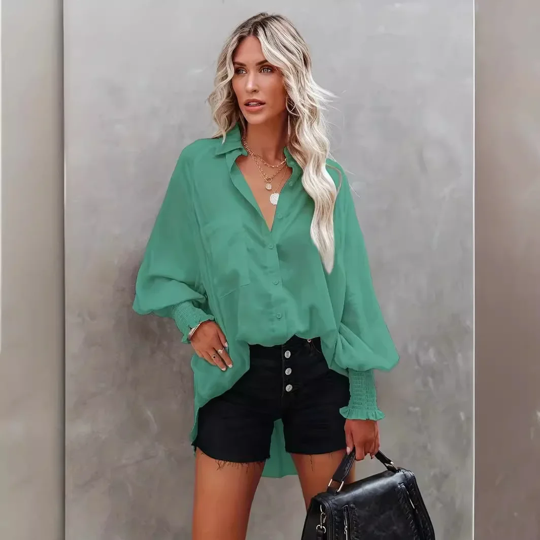 

New Fashion Stripe Spell Color Lantern Sleeve Shirt for Spring and Autumn, Solid Color Long Sleeve Loose Casual Shirt for Women