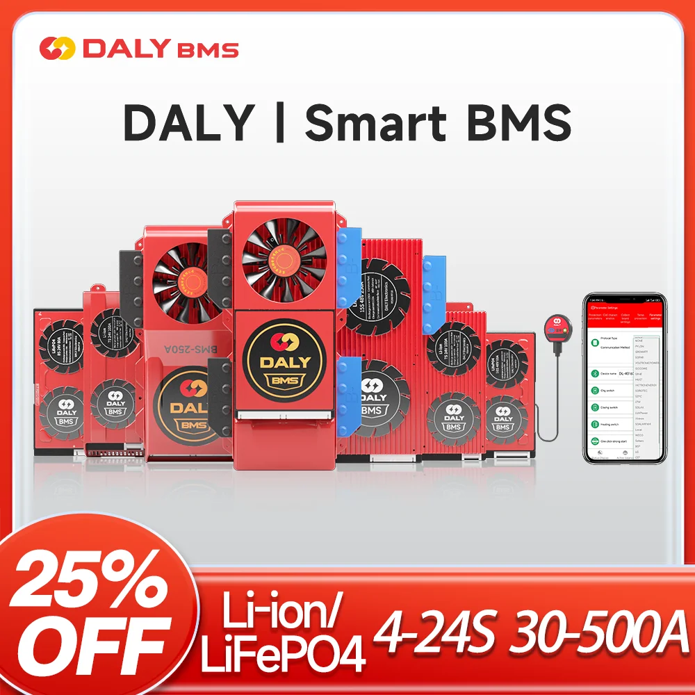 

Инвертор Daly Smart BMS LiFePO4 4S 12V 8S 24V 16S 48V Bluetooth для солнечной энергии 60A 100A 150A 250A