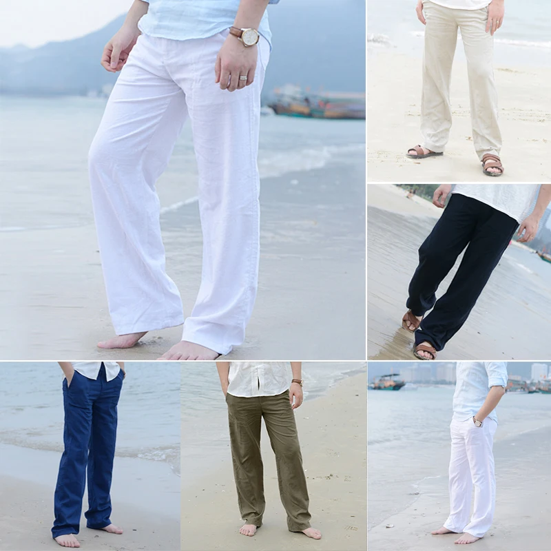 Men Cotton Linen Wed Leg Trousers Summer Casual Comfortable Fisherman Loose Long Pants White Black Solid Autumn Plus Size