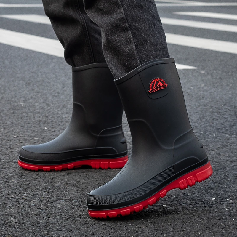 Men's Rain Boots Waterproof Non-Slip Fleece Lined Large Size Fishing Shoes Wear Resistant Rubber Slip-On Boots for Summer