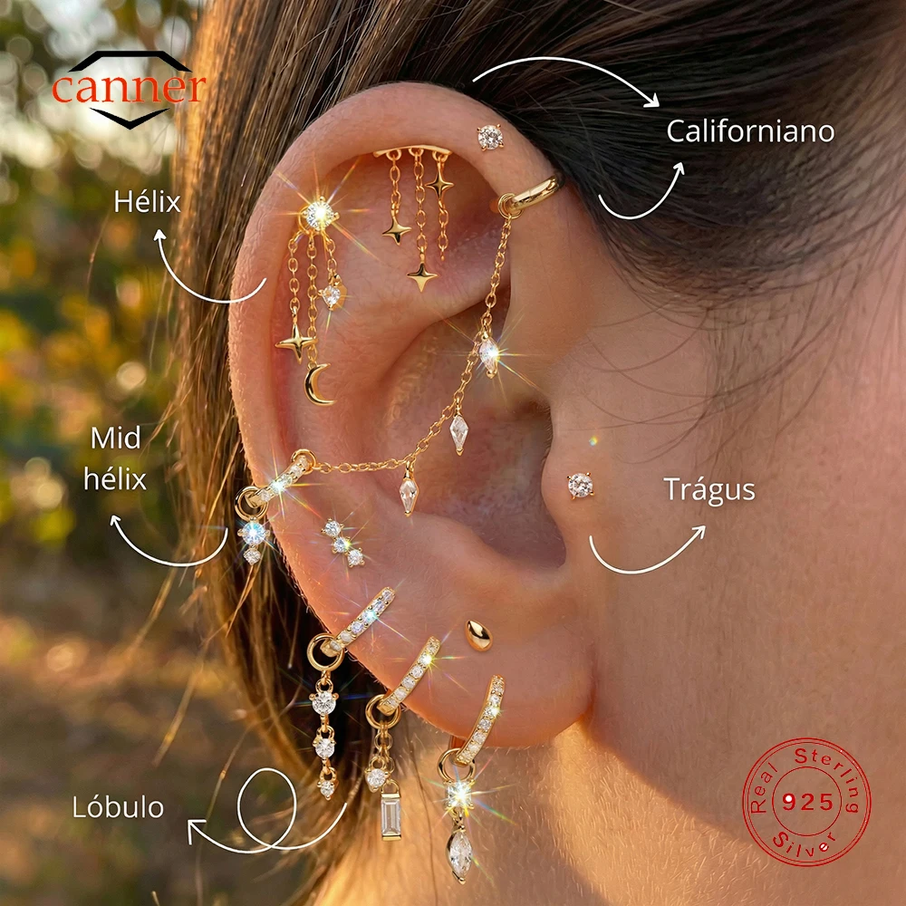 CANNER 1PC 925 Sterling Silver Star Moon Piercings Chain Charm For Women Simple Earrings Chain Charm Accessories Fine Jewelry