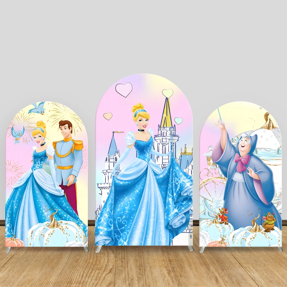 

Disney Princess Cinderella Arch Backdrop Cover Cartoon Blue Castle Kids Birthday Baby Shower Party Decoration Photo Background