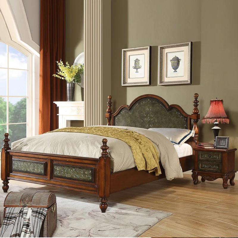 YFY American country solid wood bed European Roman column double  retro old painted 1.8 meters bed