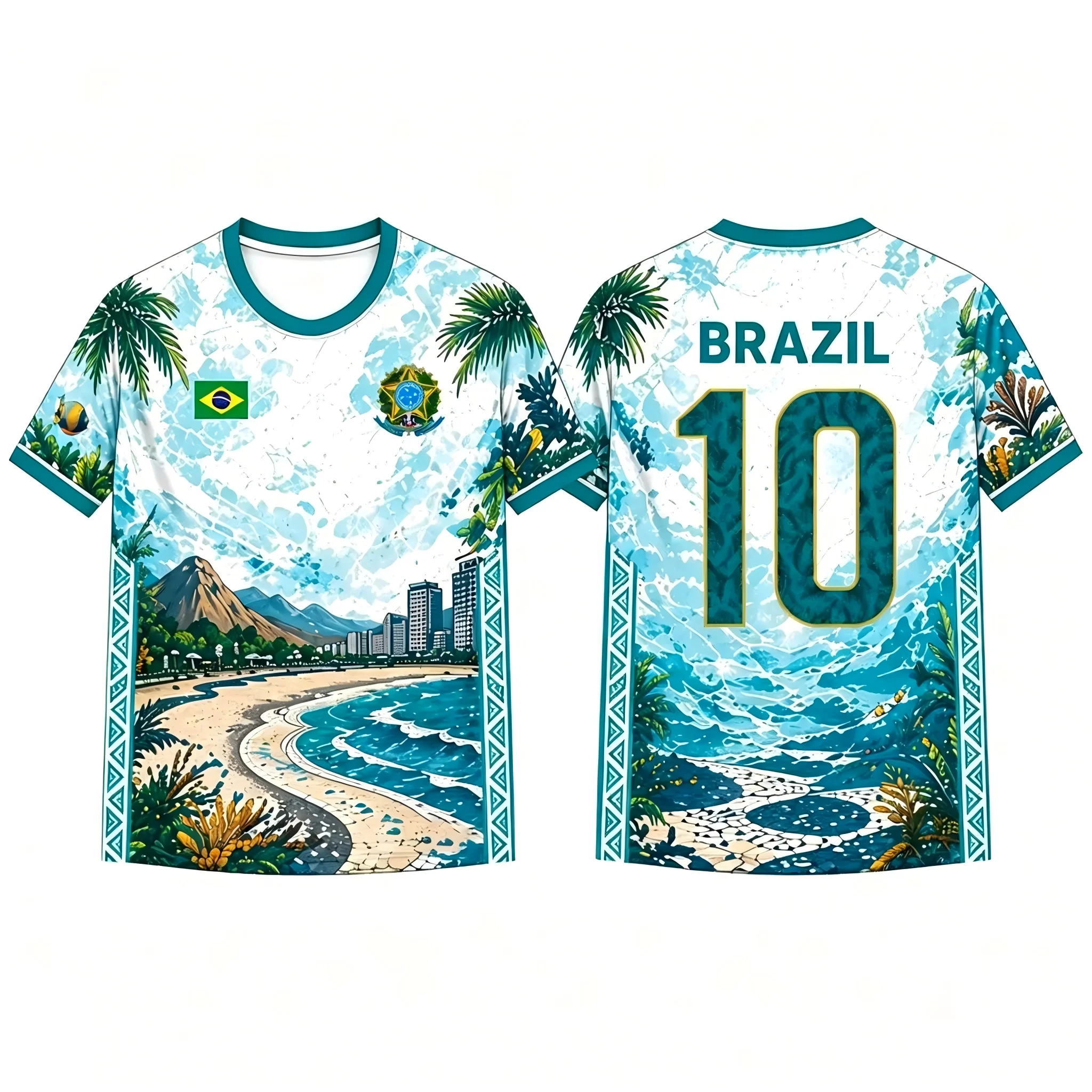 Kids 2026 Brazil Tropical Print Football Training Tee Quick Dry Breathable Fan Sports Short Sleeve Jersey