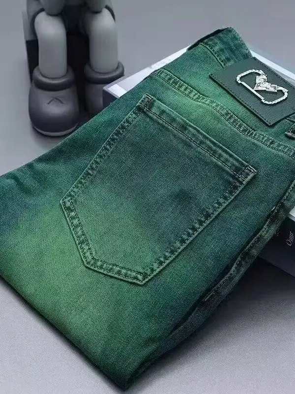 Elegant Emerald Green Slim Fit Men's Jeans Hong Kong Euro Style Casual Cotton Stretch Denim Pants mid Waist Zipper Closure