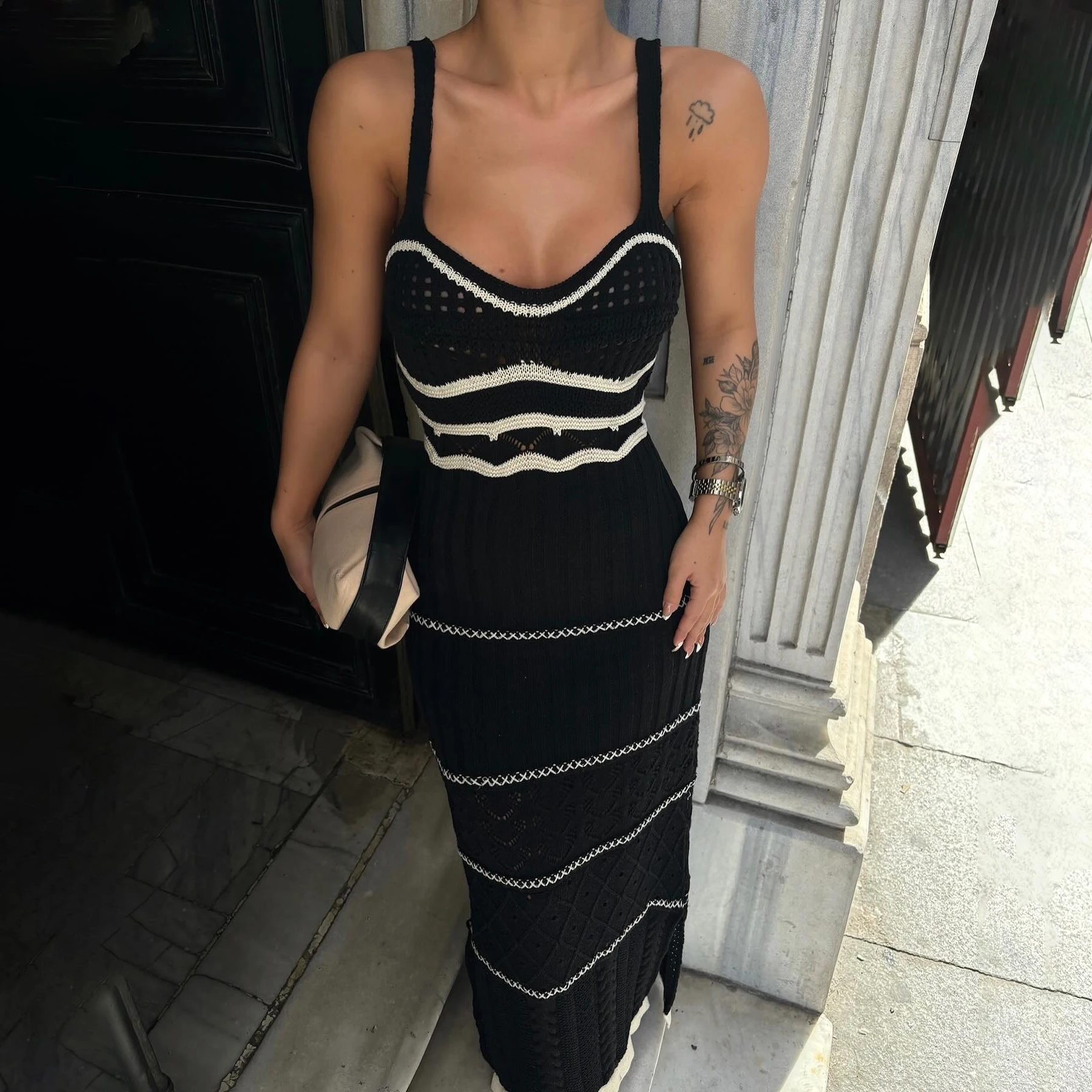 Dress Sexy Off The Shoulder Camisole Dress Slimming And Fashionable Striped Knitted Long Dress For Women