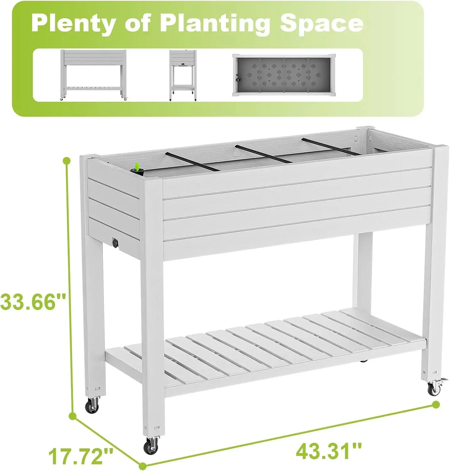 Elevated Raised Garden Bed with Wheels,Outdoor Large Resin Patio Planter Box Stand Divisible with Drain Plug,Water Monitor for P