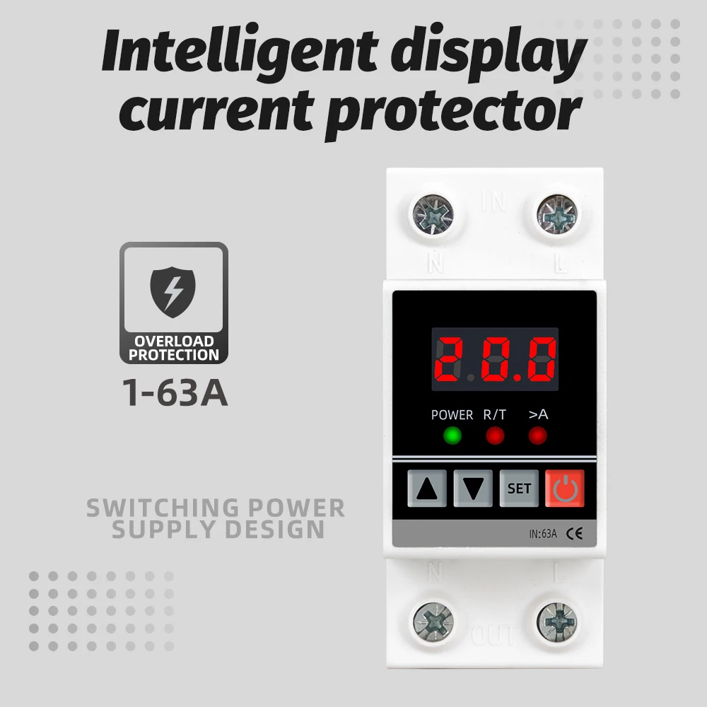 

Dual Display Din Rail Adjustable digital Over Under Current Relay Surge Protector Limit 40A 63A 220V Over Current Protection