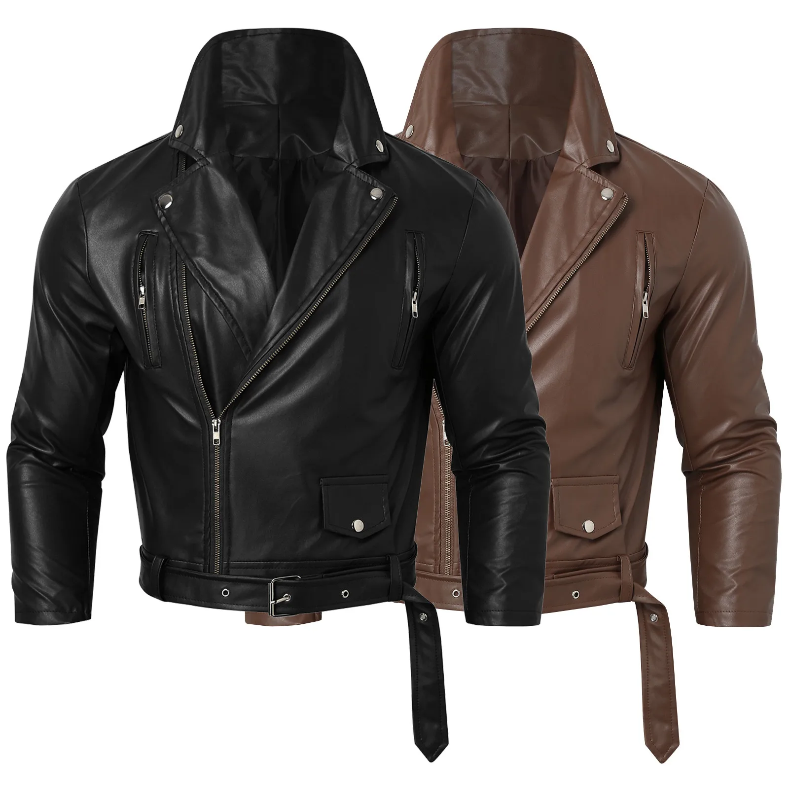 2024 Mens Fashion Leather Jacket Slim Fit Stand Collar PU Jacket Male Anti-wind Motorcycle Lapel Diagonal Zipper Jackets Men