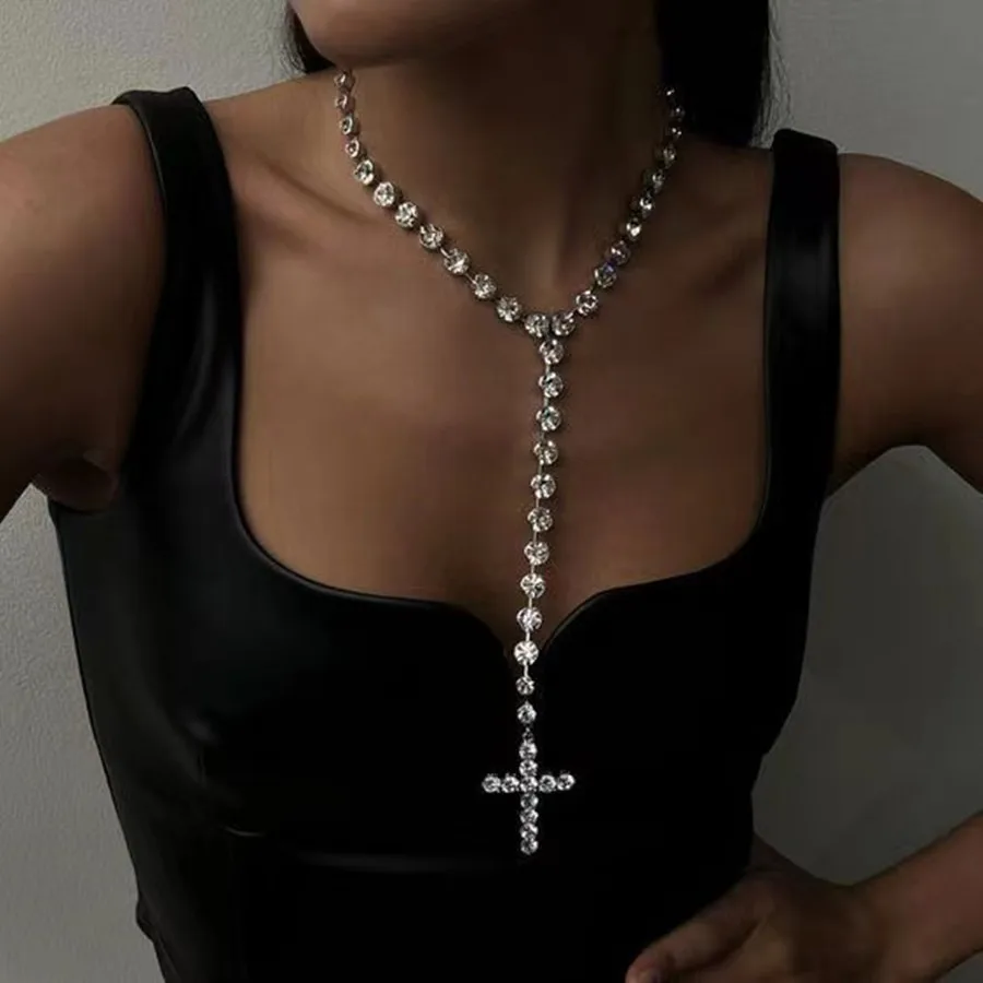 Sparkling Water Diamond Cross Pendant Long Necklace Women's Dinner Jewelry Crystal Y-shaped Necklace