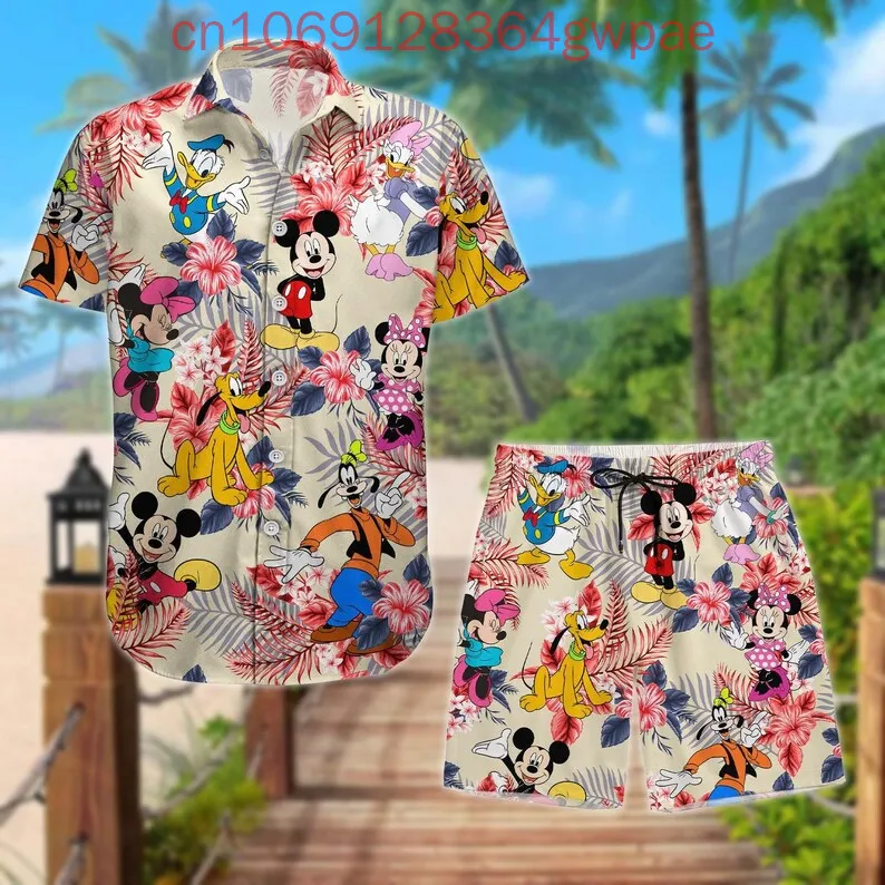 Disney Mickey Coconut Men and Women Button Shirt Trip Hawaiian Shirt Beach Shorts Shirt