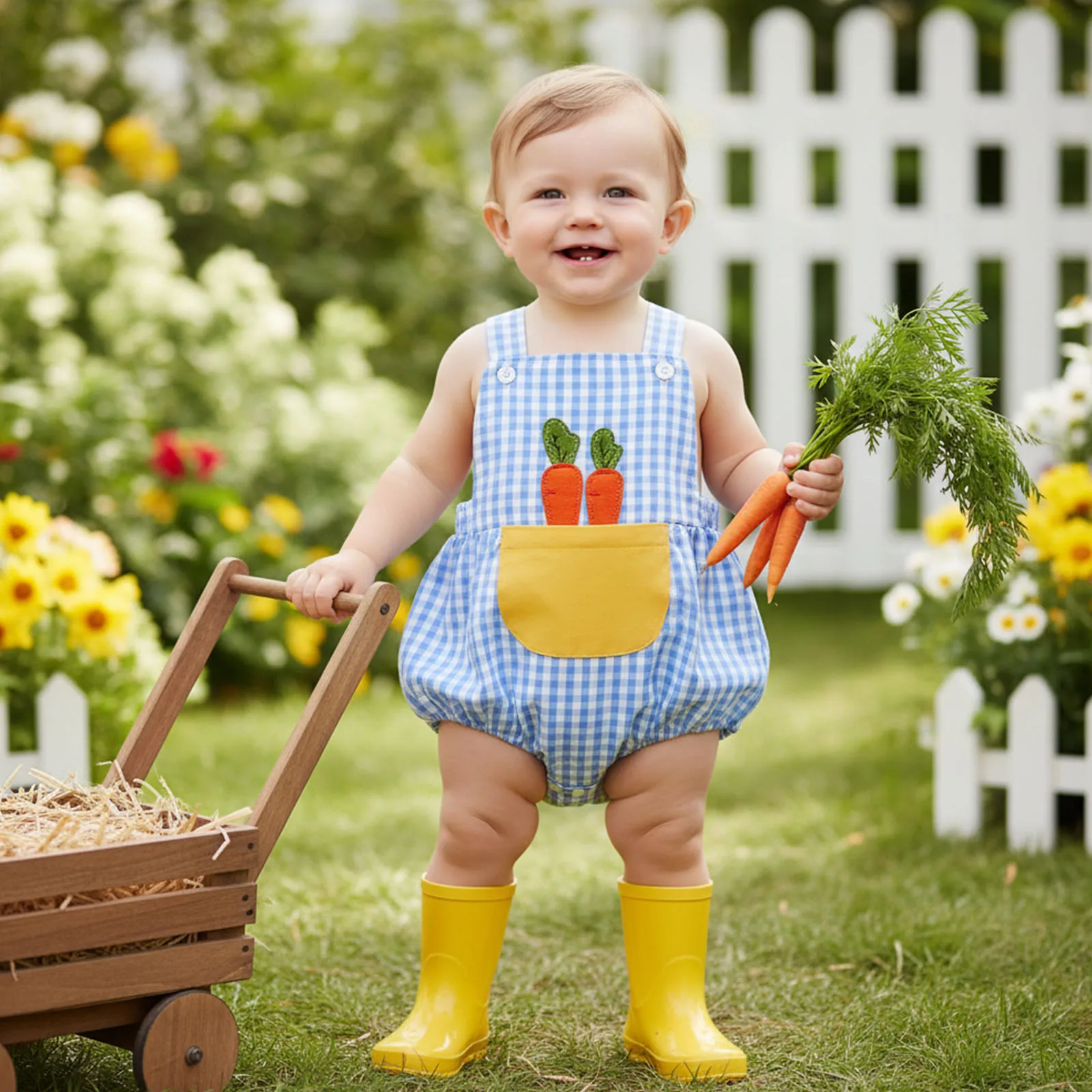 Baby Boy Easter Plaid Romper Overalls Carrot Embroidery Sleeveless Square Neck Jumpsuit