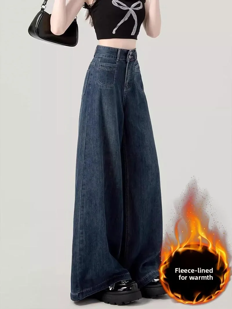 

Women's High Waist Fleece Lined Thick Wide Leg Jeans Straight Cut Loose Slimming Long Trousers Autumn New Style plus Size