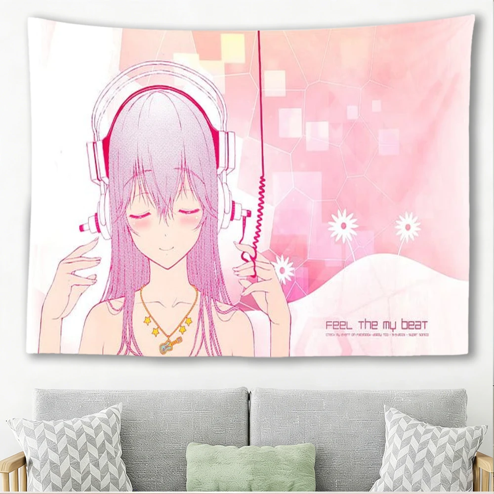 Super S-Sonico Anime Tapestry Pink Hair Girl With Headphones Print Wall Hanging Aesthetic Background Cloth Bedroom Dorm Decor