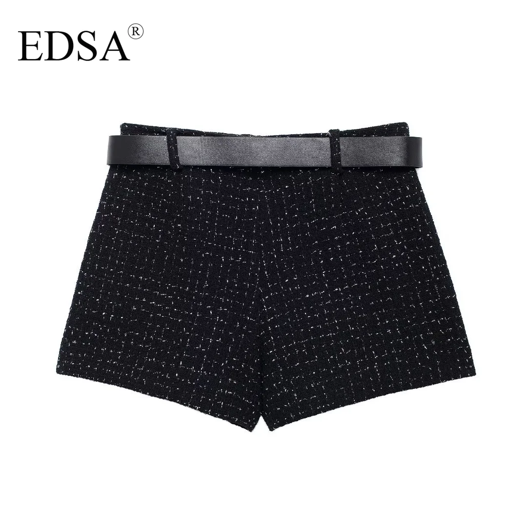 EDSA Women Black Textured Shorts Set 2 Pcs Round Neck Cropped Waistcoat & Shorts Skirt for Female Suits Streetwear