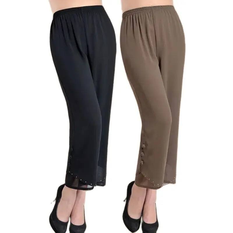 

Women's Cropped Pants Summer NewTemperament Chiffon Breathable Elastic Waist Mother Female Loose Pants Fashion Casual Pants