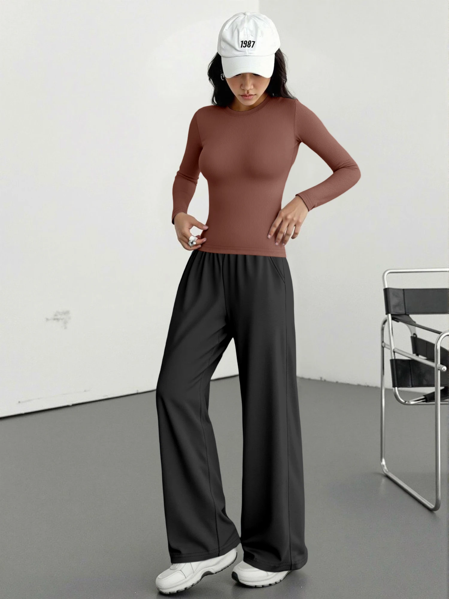 

Fashion Ribbed Long Sleeve Top and Wide Leg Pants Set Slim Fit Casual 2 Piece Outfit For Women