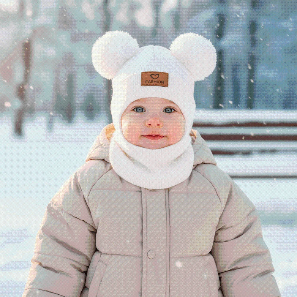 

Double Pompon Winter Balaclava Solid Color Thick Yarn Knit Beanie Integrated Design Warm Padding Earflap Cap Chilly Morning