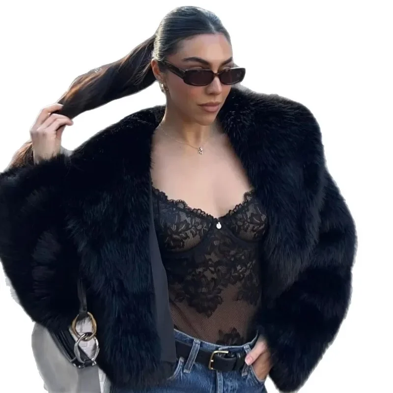 أنيقة التلبيب فو الفراء معطف قصير للنساء الدافئة عادية رقيق كم كامل الثعلب الشعر سترة الخريف الشتاء سيدة تخفيف ملابس خارجية