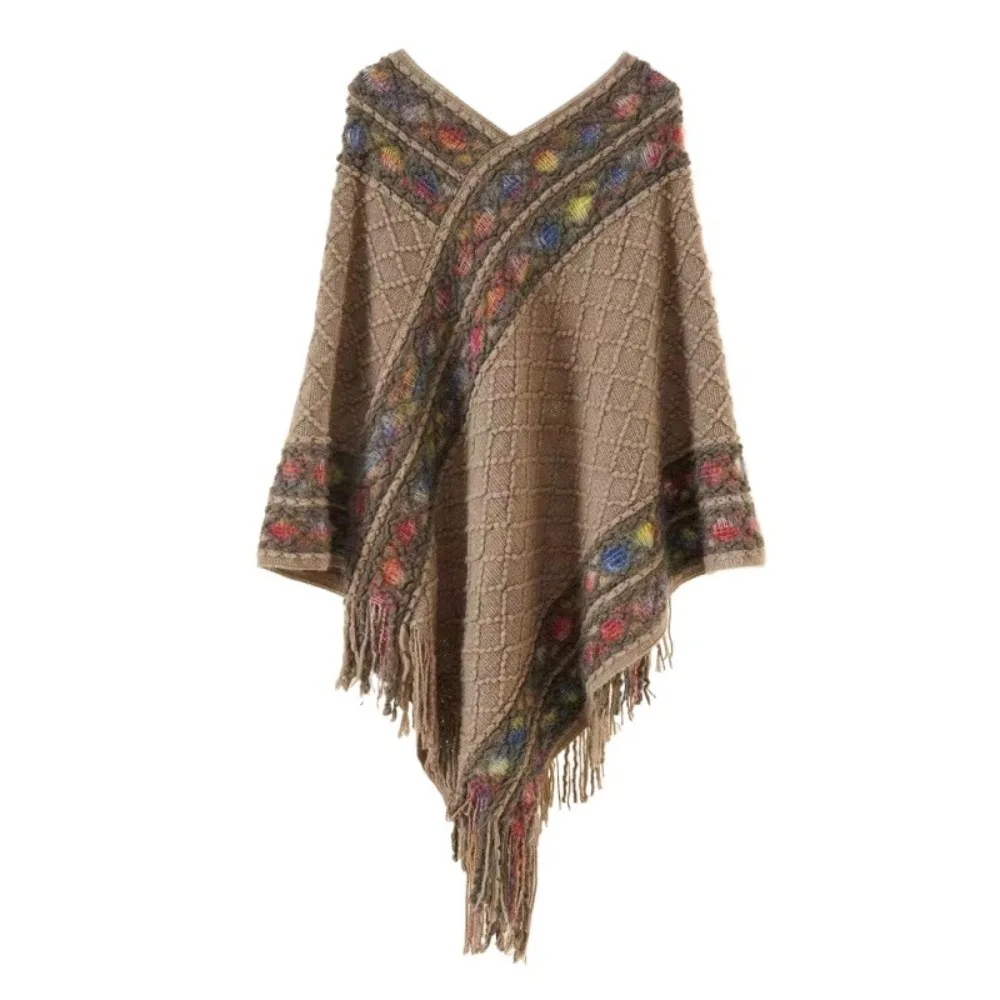 

Elegant Printing Ethnic Style Scarf Rhombic Stripe Knitted Cape Warm Bohemia Tassel Scarves Women