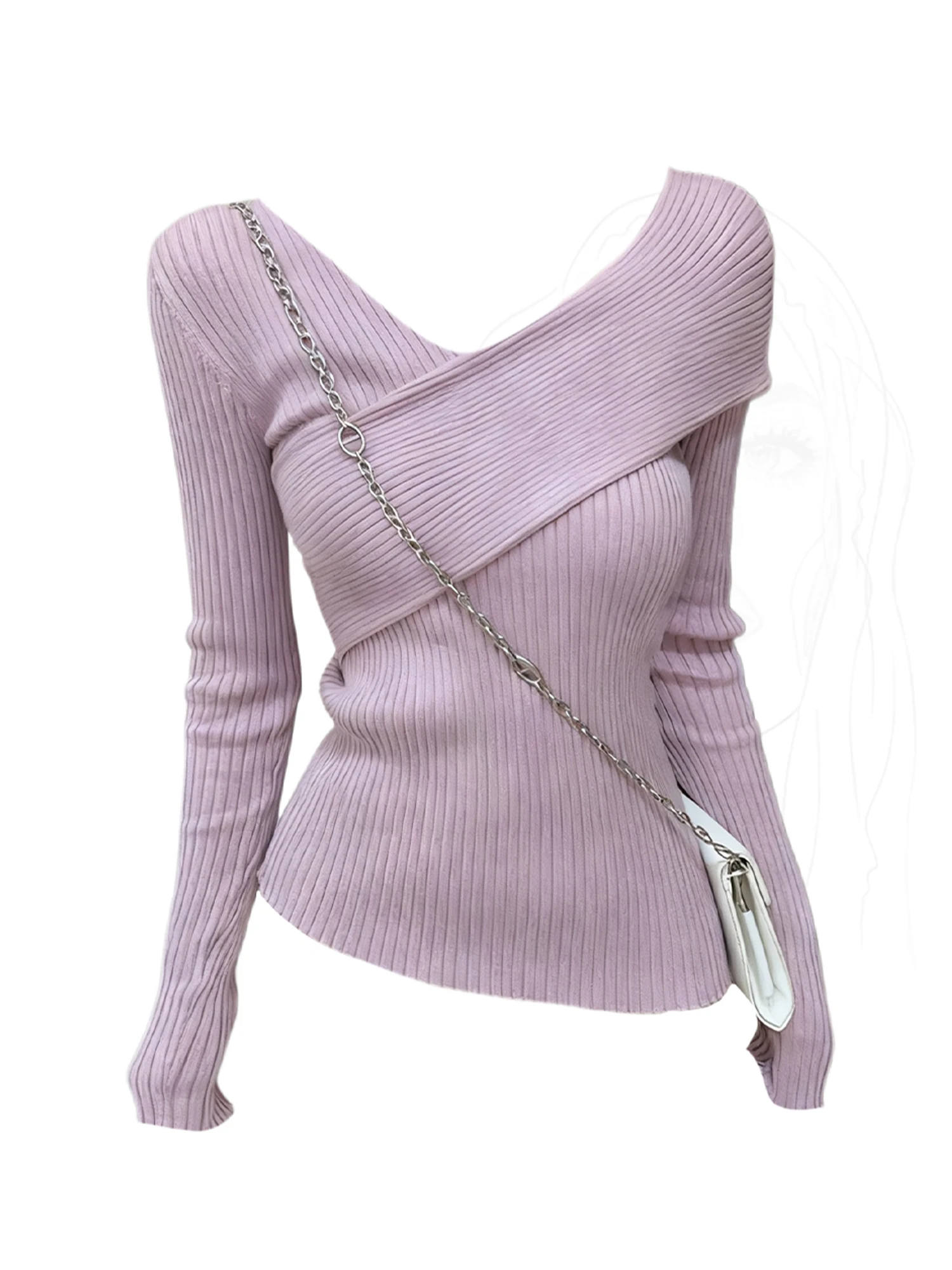 

Women's Purple Knit Pullover Sweater Vintage 2000s Elegant Long Sleeves V-Neck Cashmere Sweater for Women Autumn Winter Clothes