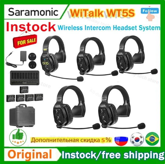 Saramonic Witalk WT5S Full Duplex Communication Wireless Headset System Marine Boat Duplex Intercom Headsets Coaches Microphone