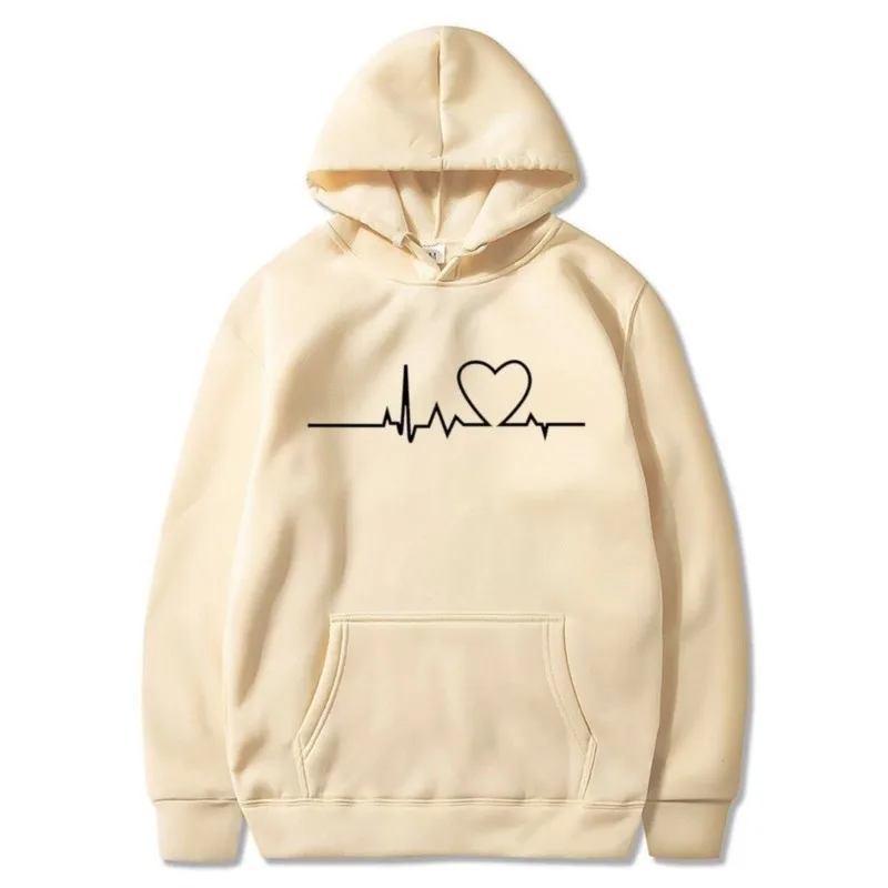 

Women Casual Heartbeat Print Loose Hoodies Fashion Long Sleeve Hooded Sweatshirt Harajuku Simple Tops Pullover Female Streetwear