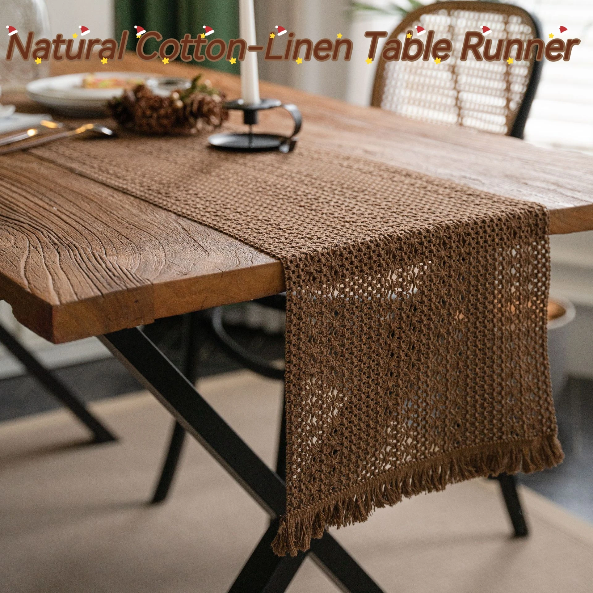 

Hot Sale Christmas Table Runner,Boho Macrame Table Decor with Tassels,Cotton Linen Dining Table Scarf for New Year Celebration