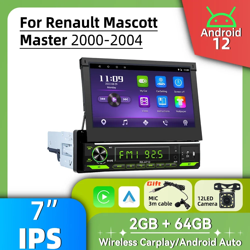 Autoradio 7 "Head Unit 1 Din Android Multimedia Intrekbaar Scherm voor Renault Mascott Master 2000-2004 Carplay Android Auto GPS