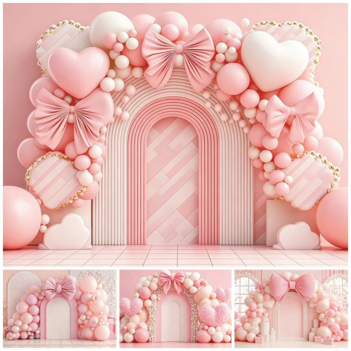 Pink Balloon Arch Backdrop Decoration Giant Bows Hearts Rainbow Door Kids Birthday Party Baby Show Photo Booth Studio Background