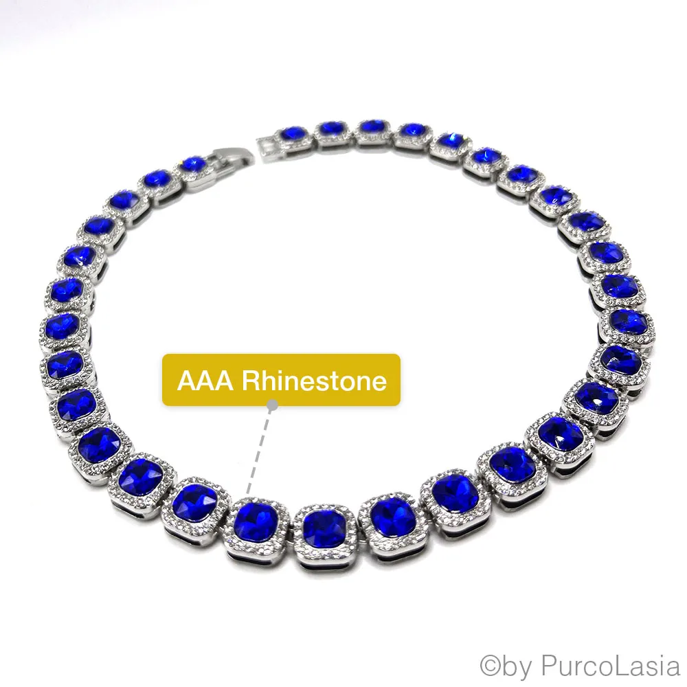 Fashion Luxury Royal Blue Women Men Tennis Cuban Chain Necklace Link Hip Hop Square Bling AAA Rhinestone Glass Jewelry