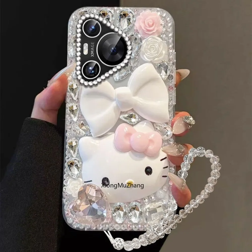 

Sanrio HelloKitty Luxury Glitter Rhinestone BowTie Case for Huawei Pura80 Ultra Pura 80 Pro Plus P80 Shockproof Shell Back Cover