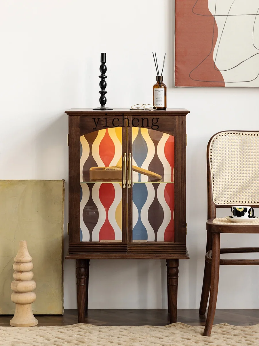 

ZK retro glass display cabinet living room figure cabinet solid wood sofa side storage cabinet home accessories