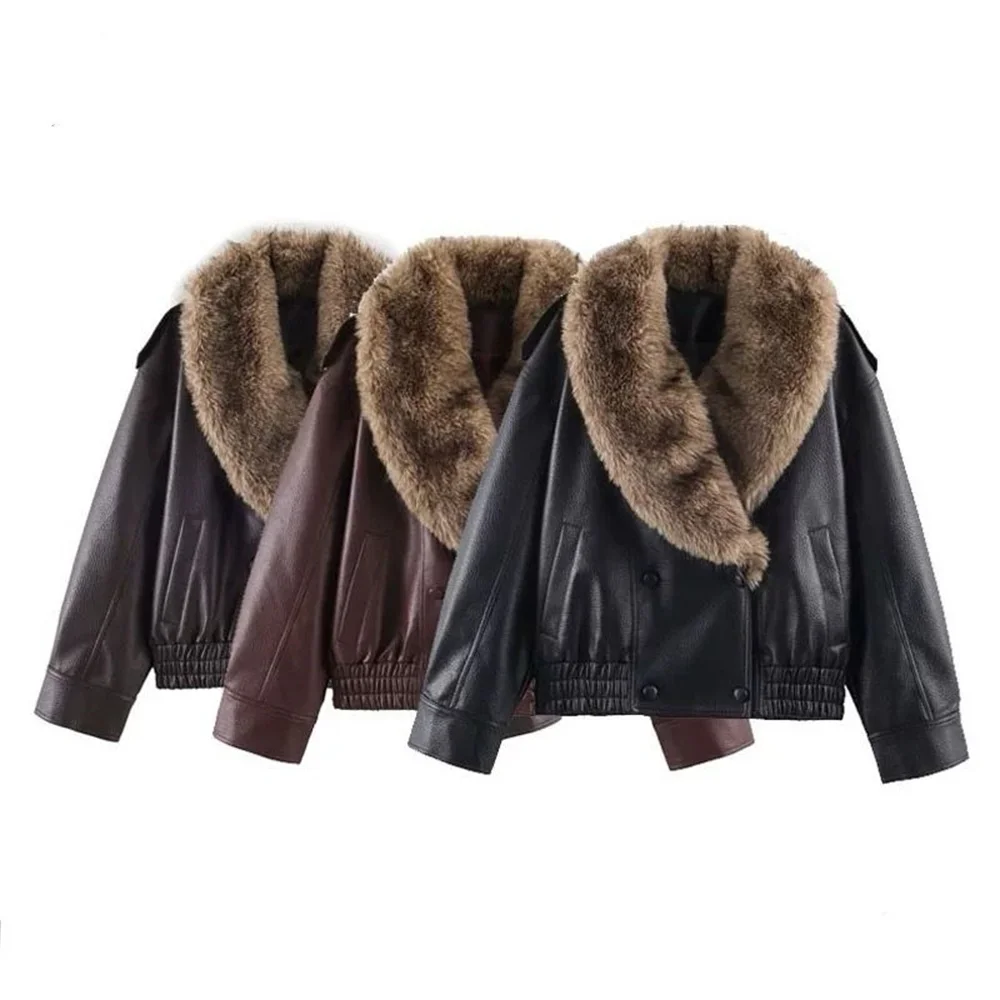 Winter New Arrival Women's Fashion Casual Removable Fur Lined Motorbike Style Faux Leather Jacket Coat