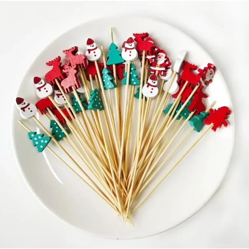 200Pcs Christmas Bamboo Skewer Christmas Disposable Fruit Sticks Snowflake Christmas Tree Santa Claus Sticks Xmas Ornament 2025