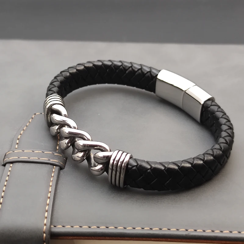MingAo Luxury Chain Leather Braid Men Bracelet Stainless Steel Buckle Business Men\'s Bangles for Friend Partner Lovers Gift