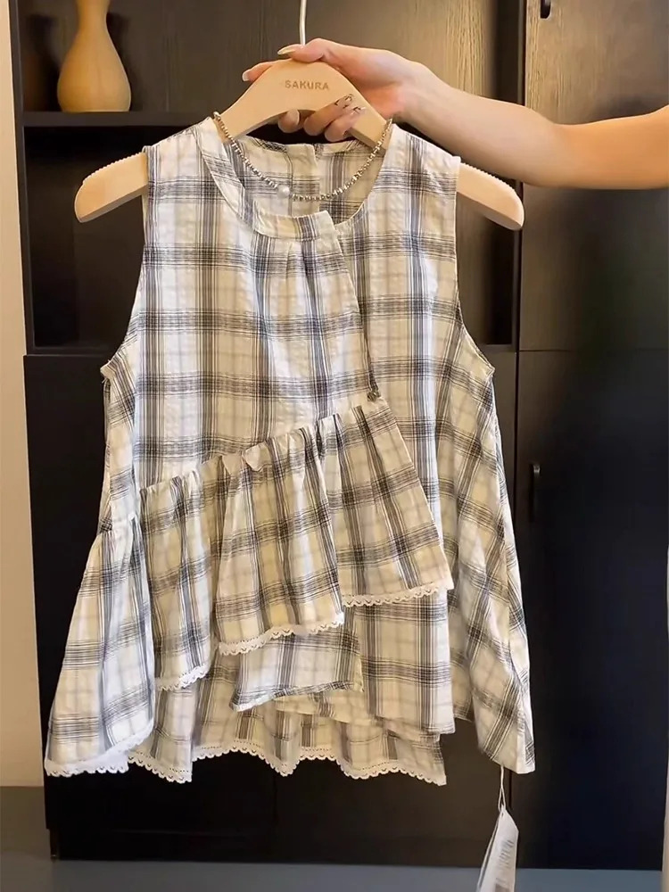 Été mince Plaid irt femmes Svel rond Ne gilet haut Faionable Agel coréen Sle trajet vent coupe ample ort...