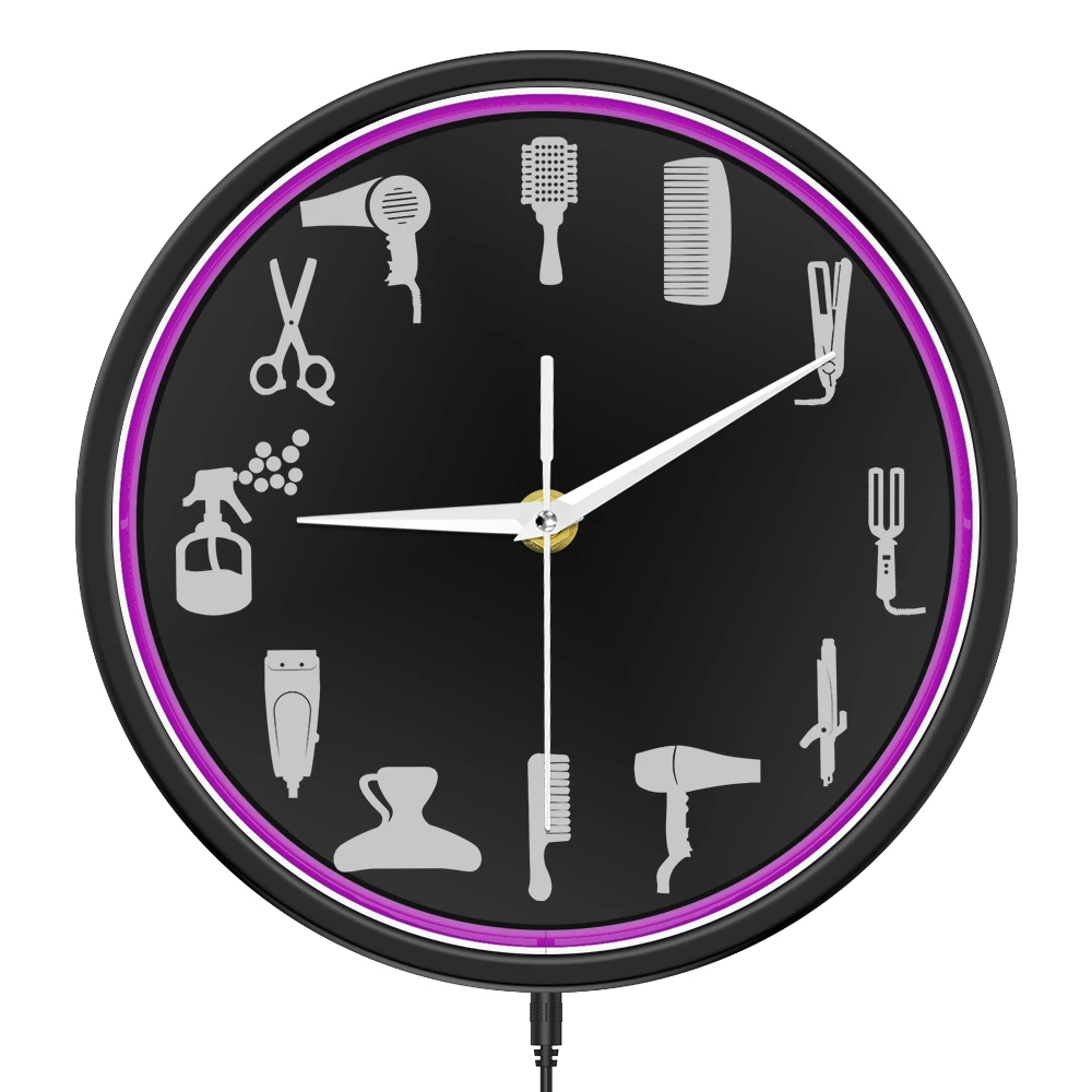

Hair Salon Tools Illuminated Wall Clock for Salon Studio Barber Shop LED Neon Wall Sign Decorative Light Up Clock Stylist Gifts