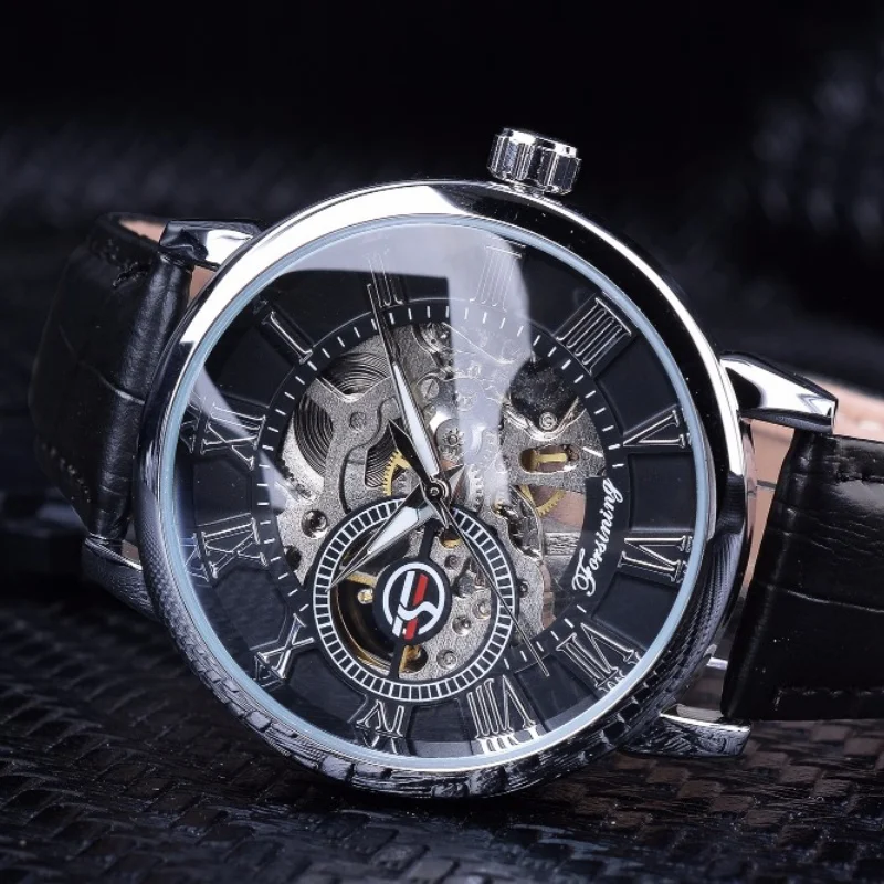 FORSINING 99A Mechanical Watch Automatic Luxury Fashion Business Elegant Luminous Black Leather Strap Wristwatches for Men