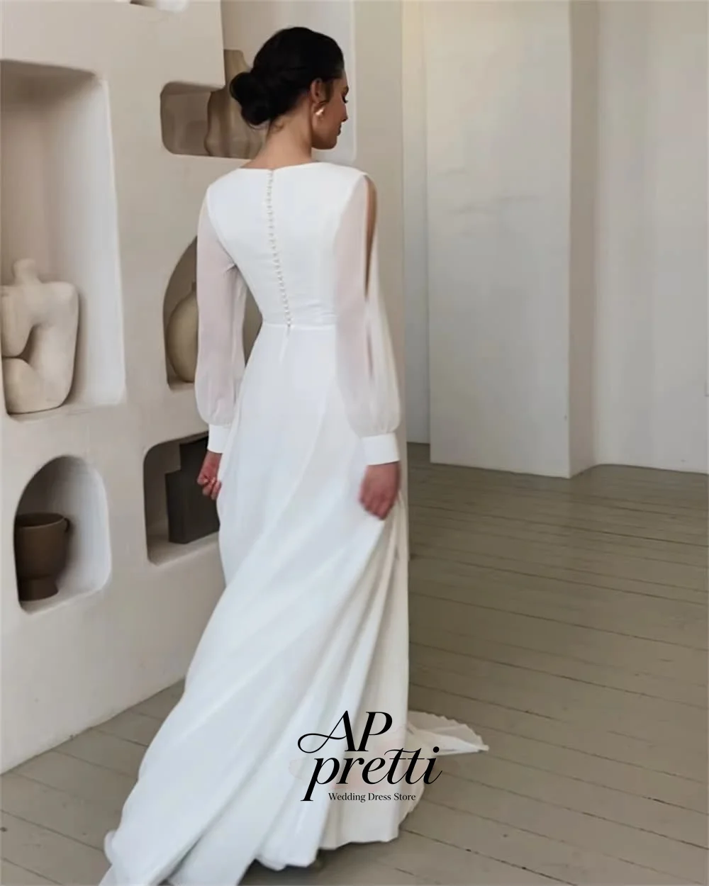 AP Pretti Simple Organza Wedding Dresses Full Sleeve Customized V-Neck Side High Slit Floor-Length Bridal Gown Vestidos De Novia