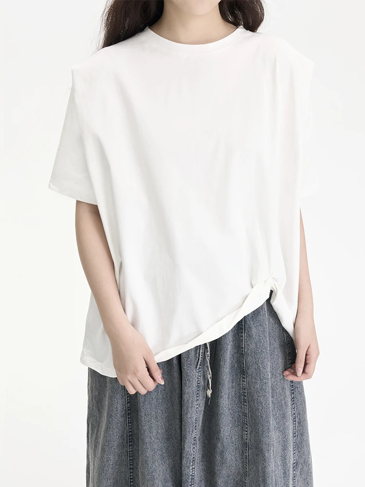 Dark Style Shoulder Pleated Single Side T-Shirt New Summer Product Loose Fit Cotton round Neck Short Sleeve Women's T-Shirt