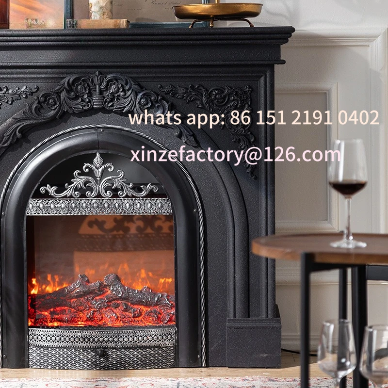 رف نار مقلد منحوت باللون الأسود العتيق قابل للتخصيص، مدفأة زخرفية لجو دخول الفيلا