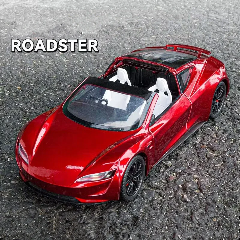 

Модель спортивного автомобиля Teslas Roadster в масштабе 1:24, модель литая металлическая Игрушечная модель автомобиля, имитация звука и фотографий, подарок для детей