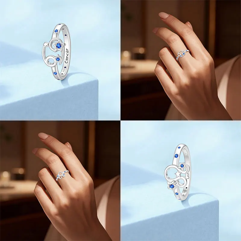 Twelve Zodiac Sign Blue Star CZ Hollow Thin Stackable Band Ring Original Silver Plated Valentine's Fine Gift Women Jewelry