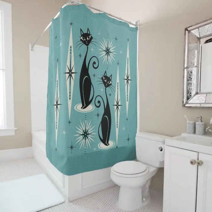 Retro Atomic Cat Mid-Century Cat Family Holiday ©️studioxtine Shower Curtain Bathroom Curtain With Hook Bathroom Curtain