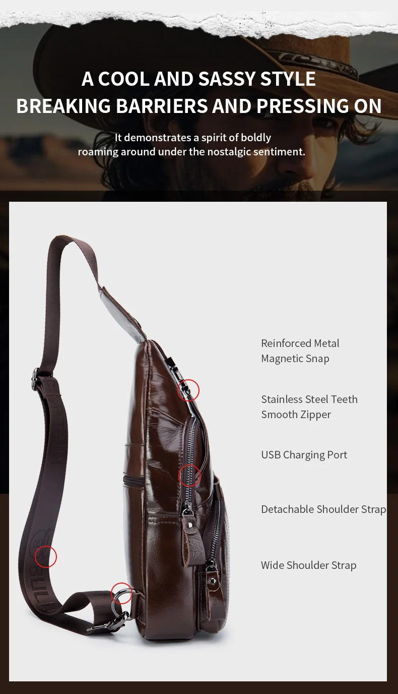 BULLCAPTAIN Tasche Echtes Leder Brusttasche Herrenmode Stil Casual Straddle Bag Business Große Kapazität Leder Herrengepäck – Detail 9