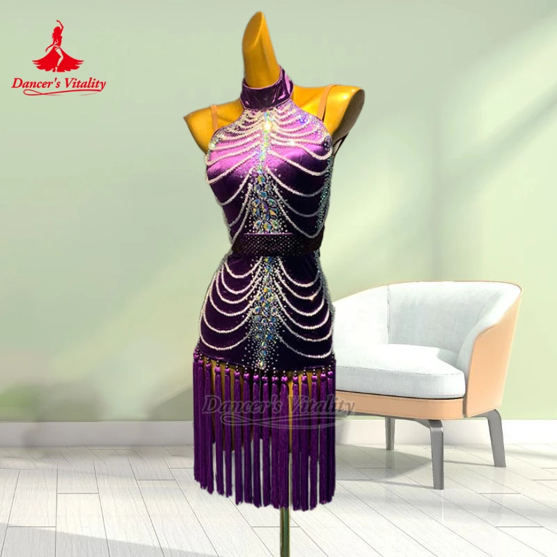 Championship Chacha Jive Sexy Backless Dress Adult&Teenager Latin String of Beads Decoration Clothes Customize Dancer's Vitality
