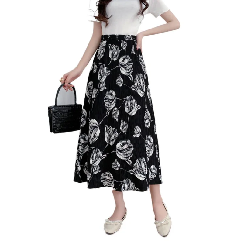 

Summer New Chiffon Split Allover Floral Print Women Vintage Elegant Long Length High Waist Dress Pleated Casual Thin Vestidos